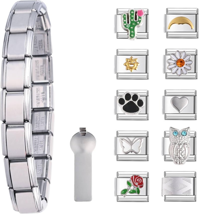 Gracayfr 10 قطع سوار سحر إيطالي، سحر إيطالي DIY، سوار سحر رابط وحدات كلاسيكي من 2000، هدايا عيد الهالوين وعيد الميلاد للنساء والفتيات مع أداة - Image 1